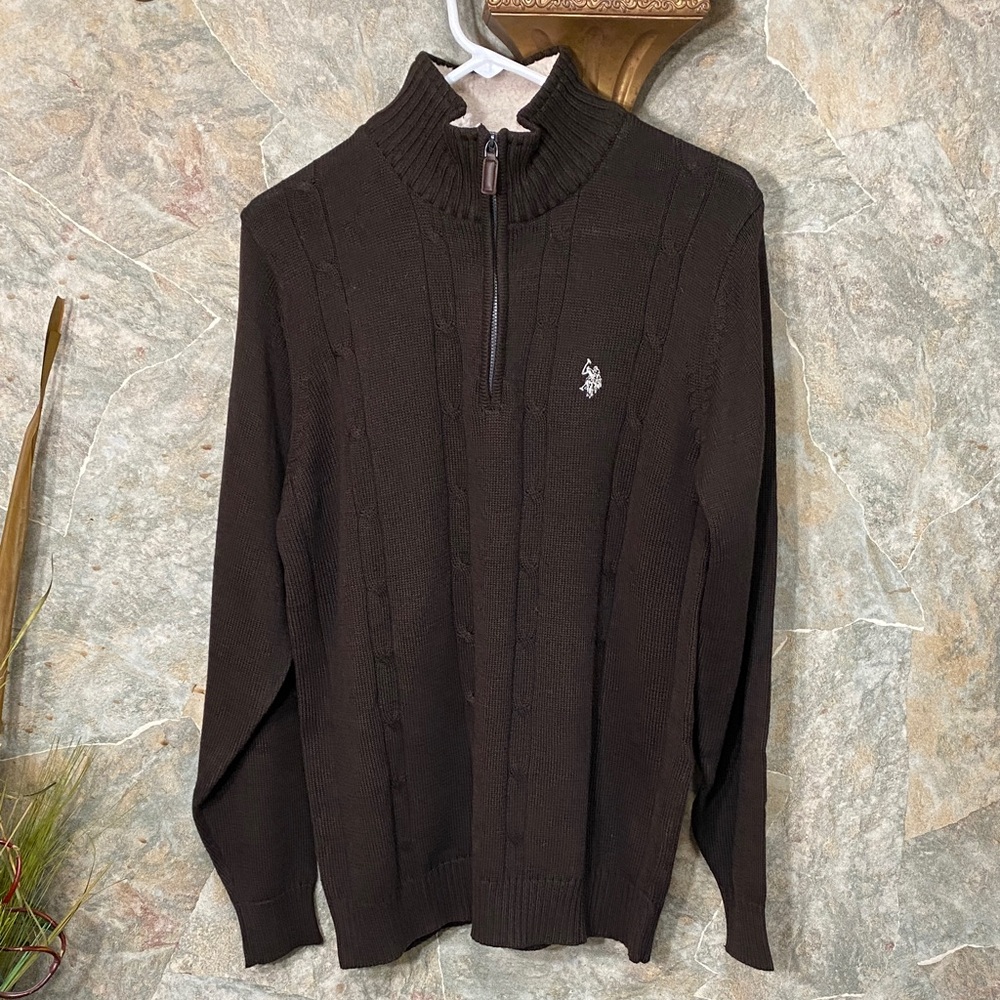 Ralph Lauren Polo sweater Sherpa Men's Brown quarter Half-Zip  jersey cable